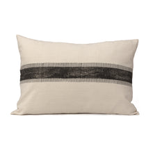 Load image into Gallery viewer, Charcoal block printed stripe design runs across this lumbar cotton cushion cover