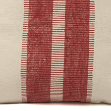 Load image into Gallery viewer, Close up of a Hand block printed red coloured cotton cushion cover printed on an ivory base fabric